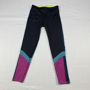 FILA Sport Wide Waistband Athletic Pants Leggings Black with Pink & Teal -Large